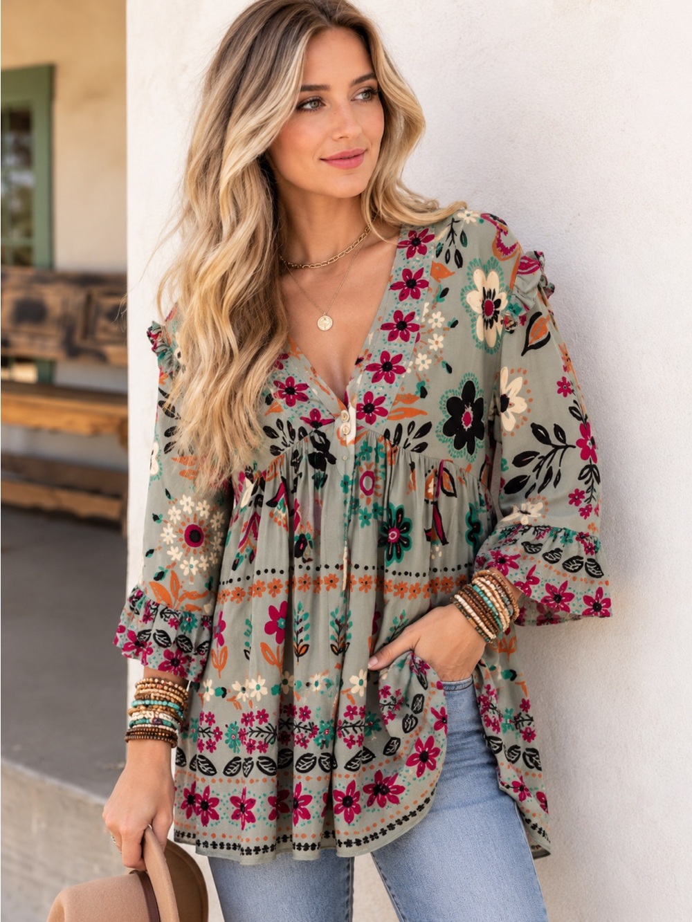 Three Bird Nest Leona Floral Print Tunic Sage Green Size Small